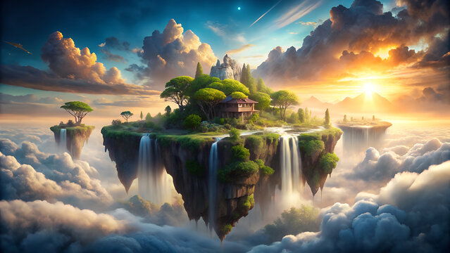 Enchanting floating island castle with waterfalls at sunset in a fantasy sky