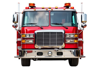 Close up front view of a bright red fire truck with chrome details, isolated on transparent background