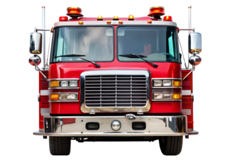 Close up front view of a bright red fire truck with chrome details, isolated on transparent background