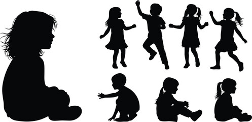 Children silhouettes set, kids in various poses and activities, sitting, jumping, dancing, playing, vector illustration for childhood, education, and lifestyle design projects