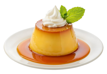 Caramel pudding with cream , isolated on transparent background, png