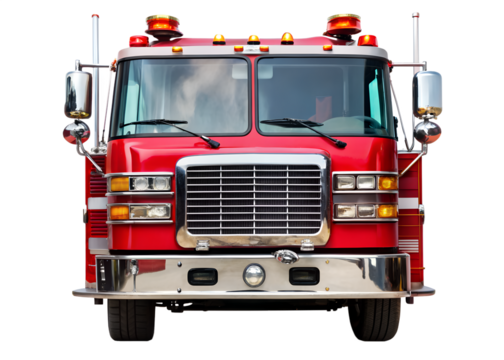 Close up front view of a bright red fire truck with chrome details, isolated on transparent background