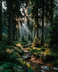 Fototapeta premium Sunbeams stream through the trees in a lush green forest, illuminating a winding path with moss and small plants
