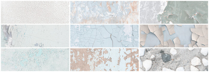 Set of panoramic background textures. Collection of wide textures with peeling paint, cracks, rust,...