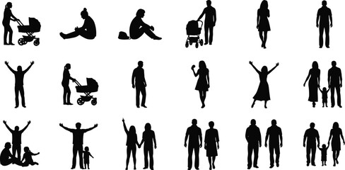 Family and people silhouettes set, twenty figures including adults, children, couples, and strollers, vector illustration for parenting, relationships, and lifestyle design projects