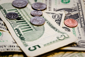 Detailed View US Coins Dollar Bills Finance Close-Up