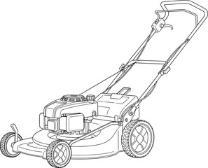 Gas powered push lawn mower line art, black and white vector illustration, combustion engine, grass collection bag, four wheels, extended handlebar, garden tool