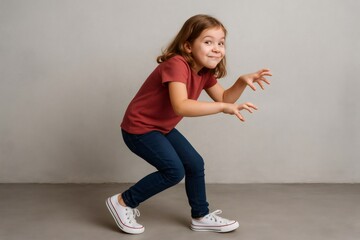 Young girl crouching and playfully sneaking around in a studio, fully immersed in fun and enjoying every moment of her playful adventure