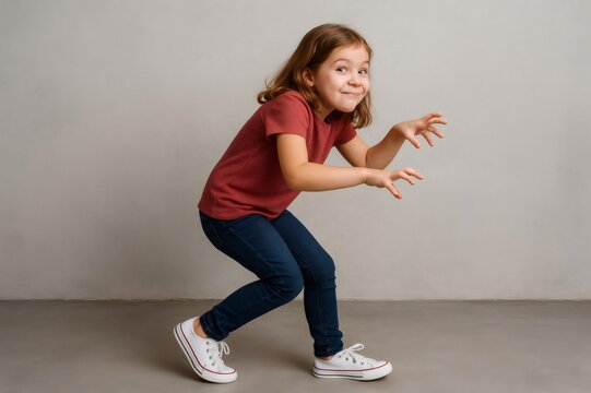 Young girl crouching and playfully sneaking around in a studio, fully immersed in fun and enjoying every moment of her playful adventure