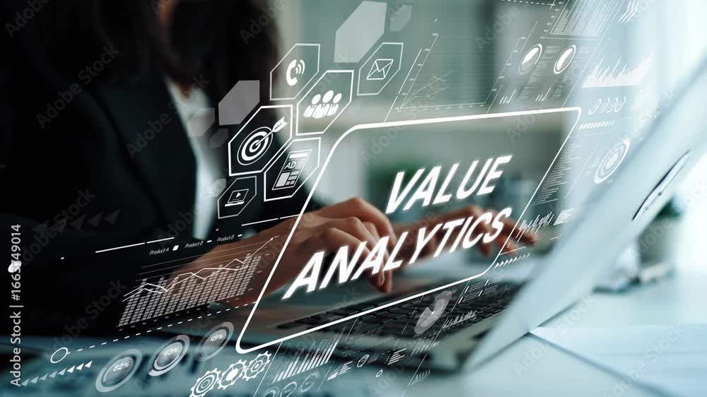 Aufkleber business professional analyzing data with digital analytics on laptop in modern office environment. 