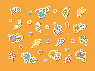 Fantasy flowers and leaves in autumn. Stickers, pins or magnets. Hippie style eco, organic symbols