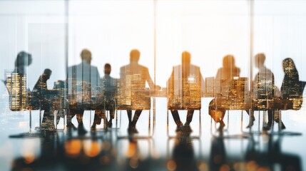 A diverse team of professionals in a modern boardroom, silhouetted against a city skyline during golden hour, symbolizing collaboration and success
