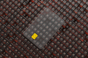 Transparent glass credit card on keyboard buttons. Concept of online payment for ai prompt. 3d rendering illustration