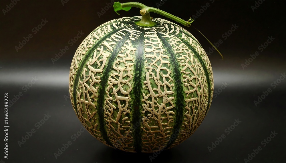 Poster close-up of a cantaloupe, displaying its distinctive patterned rind against a dark backdrop.