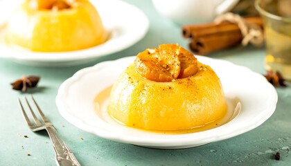 Golden dessert spheres, topped with caramelized fruit, sit on white plates, creating a tempting display of sweet textures and warm tones.