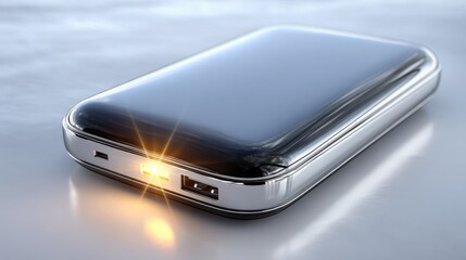 Portable power bank charger with usb port and indicator light, sleek metallic design, technology accessory for mobile devices
