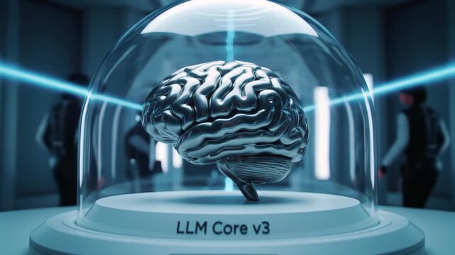 A metallic brain housed under a protective glass dome with beams of light, Symbolizing advanced artificial intelligence research and development, featuring LLM Core v3