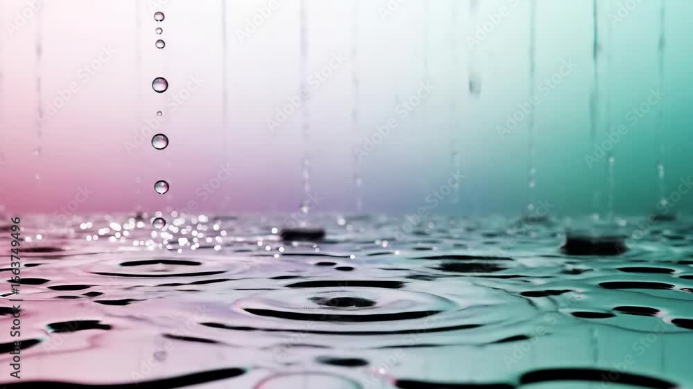 Poster water droplets falling and splashing on reflective surface with colorful gradient background slow mo