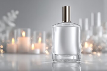 Luxury clear perfume bottle with shiny cap and a warm candlelit ambiance.