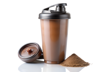 A protein shake with chocolate powder, isolated on transparent background, perfect for a postworkout recovery drink