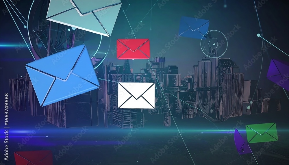 Poster colorful email icons float above a stylized city skyline, creating a dynamic and technological digit