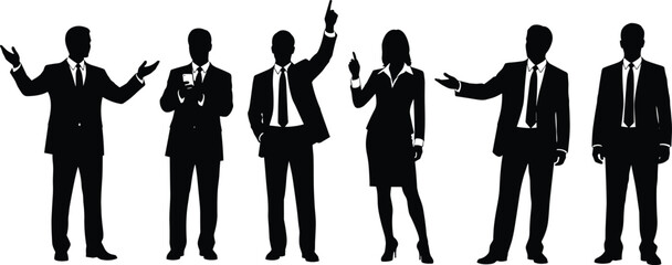 Business people silhouettes set, six male and female figures in formal attire with varied gestures, vector illustration for corporate, teamwork, and communication design projects