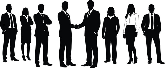 Business people silhouettes set, eight male and female figures in formal attire with handshake pose, vector illustration for corporate, teamwork, and professional design projects