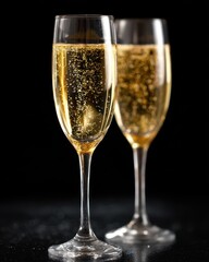 Elegant Closeup of Two Sparkling Champaign Glasses Against a Black Background