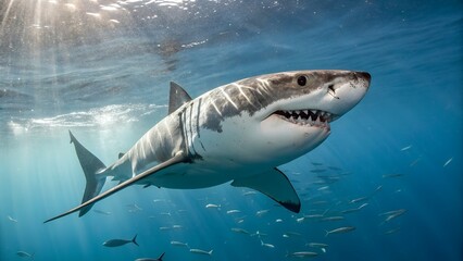 Fototapeta premium Witness the raw power of a great white shark gracefully patrolling its underwater domain, a stunning display of ocean life in radiant sunlit waters with small fish swimming nearby