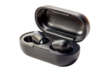 Black wireless earbuds in charging case isolated on transparent background for listening to music and making phone calls