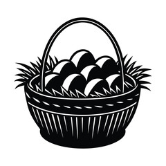 Black and white illustration of a basket filled with eggs and grass