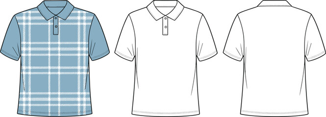 Flat vector CAD sketch of plaid polo shirt design, front and back views, short sleeves, button placket, fashion template layout
