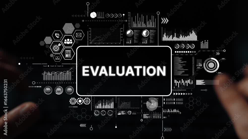 Aufkleber hands on keyboard with digital graphics displaying the word evaluation and data analysis concepts in