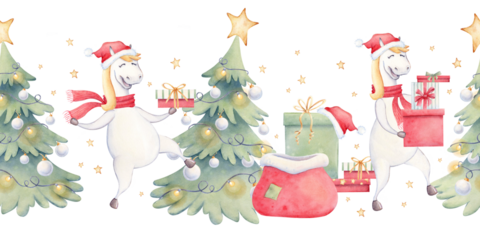 A festive watercolor border featuring a happy horse in a Santa hat, carrying gifts beside decorated Christmas trees, gift bags, stars, and twinkling lights. Clip art for holiday borders and designs.