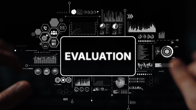 Hands on keyboard with digital graphics displaying the word evaluation and data analysis concepts in a professional setting. Asymptotic smart data analytic.