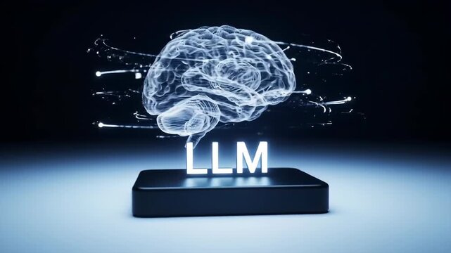 LLM Illustration with Holographic Brain and Sleek Black Base, Artificial Intelligence Concept Featuring a Futuristic Brain Scan and a Platform Displaying LLM