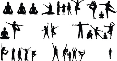 Yoga and people silhouettes set, mixed poses including meditation, balance, dynamic movement, and social interaction, vector illustration for wellness, fitness, and lifestyle design projects