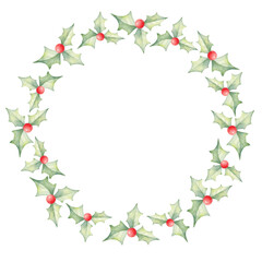 A delicate watercolor illustration of a holly wreath with red berries on a white background. Clipart, hand drawn, for holiday cards, decorations, and festive designs in a New Year or Christmas style