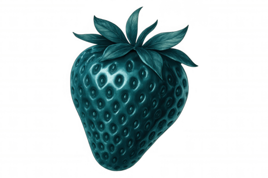 Illustration of a turquoise strawberry with green leaves, isolated on a transparent background, ideal for food-related projects - Powered by Adobe