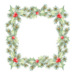 Frame with holly leaves, berries and pine branches on a white background with space for an inscription. Hand-drawn watercolor illustration for Christmas and winter designs, invitations and cards
