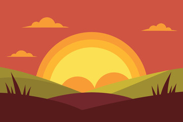 A vibrant sunset over rolling hills, casting a warm glow across the landscape, evoking a sense of peace and tranquility in nature
