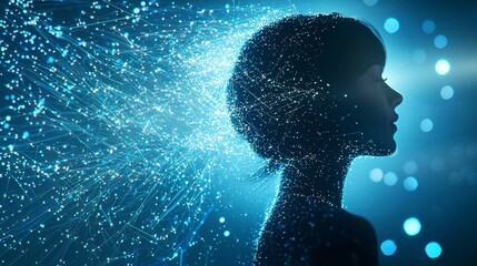 Futuristic female profile dissolving into glowing blue data particles and neural streams representing artificial intelligence and digital mind