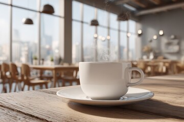 Obraz premium Steaming hot coffee cup on a rustic wooden table in a bright modern cafe with a city view.