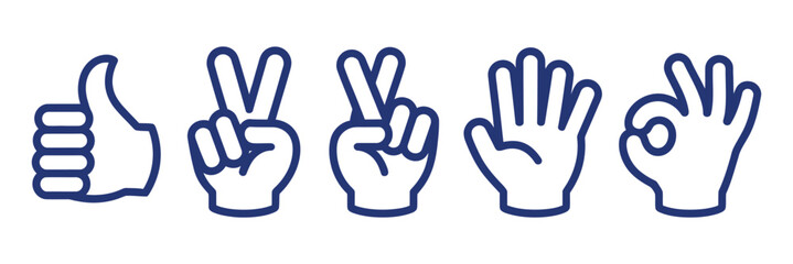 Diverse Hand Gestures Collection Thumbs Up Peace Sign Open Palm OK Symbol Communication Icons Set Vector Illustration