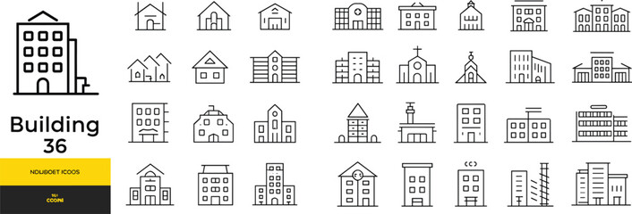 Building icon set with houses, offices, apartments, hospitals, schools, and churches, modern real estate and architecture vector collection