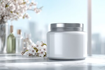 Clear cosmetic jar mockup with cherry blossoms on a white marble surface.