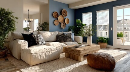 Cozy, sunlit living room with beige sectional, wooden coffee table, and woven wall decor