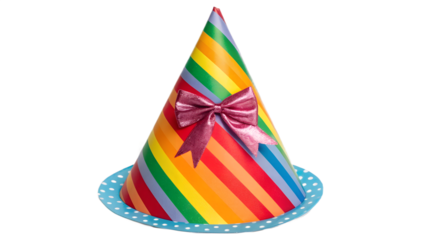 Colorful rainbow striped party hat with a pink bow isolated on transparent background
