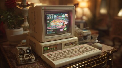 Vintage computer setup with a retro screen displaying colorful graphics, evoking nostalgia for early personal computing