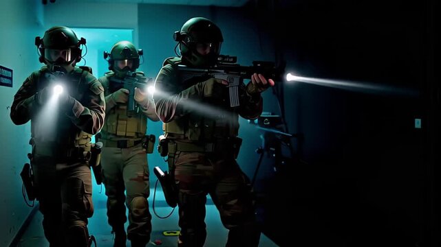 Soldiers with tactical gear and weapons advancing through building corridor in low-light operation with flashlights. Combat team, security mission, armed soldiers.
